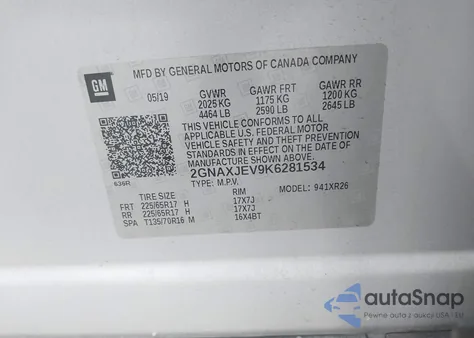 2019 Chevrolet Equinox Lt z USA, uszkodzony, nr VIN 2GNAXJEV9K6281534